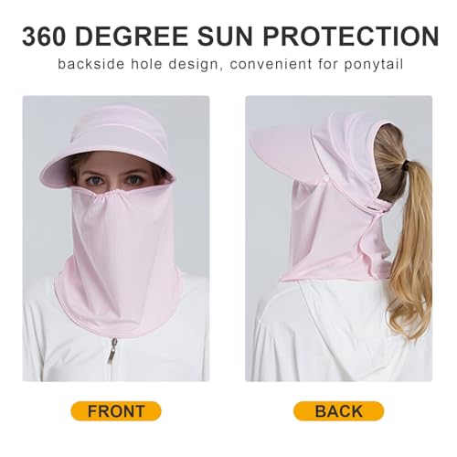 Image of Women Wide Brim Face Mask Sun Hat Detachable Neck Face Flap Ponytail UV Protection Visor Hat Garden Fishing Hiking