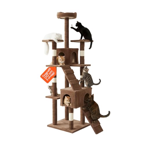 Tiragraffi XXL 170cm con Doppia Cuccia per Gatti Adulti, Albero Giochi in Sisal e Peluche, Piatteforme Relax, Ampio e Sicuro per il Massimo Divertimento dei Gatti Marrone