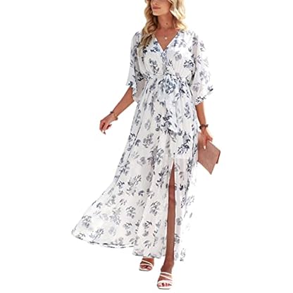 ANRABESS Women’s Summer Loose Boho Flowy Wrap V Neck 3/4 Sleeve Floral Print Slit Beach Wedding Guest Long Maxi Dresses
