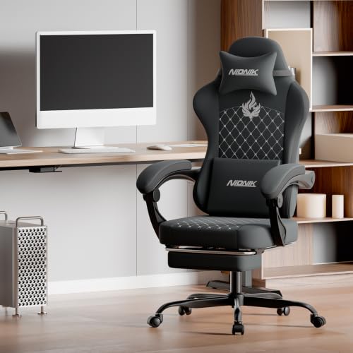 NIONIK Gaming Stuhl Ergonomisch, Gaming-Sessel mit Fußstütze, Gaming Stuhl Stoff Bürostuhl mit Lordosenkissen und Nackenkissen… – Ansicht 2