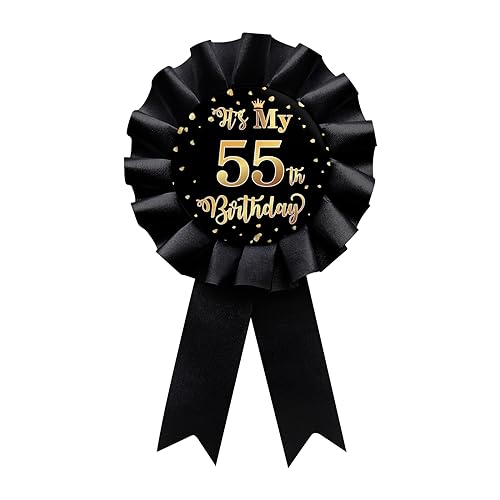 Image of Black It's My 55th Birthday Tinplate Badge Pin, Happy 55th Birthday Man or Woman Award Ribbon Party Decorations Sign