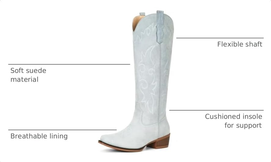 Image of Suede Cowboy Boots for Women Knee High Western Cowgirl Boots | Pointed Toe Low Heel Classic Embroidered Boot