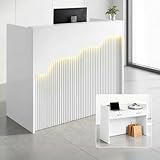 Small Reception Desk with Counter LED Lights,Modern Front Desk Checkout Counter with Lockable Drawer,Wooden...