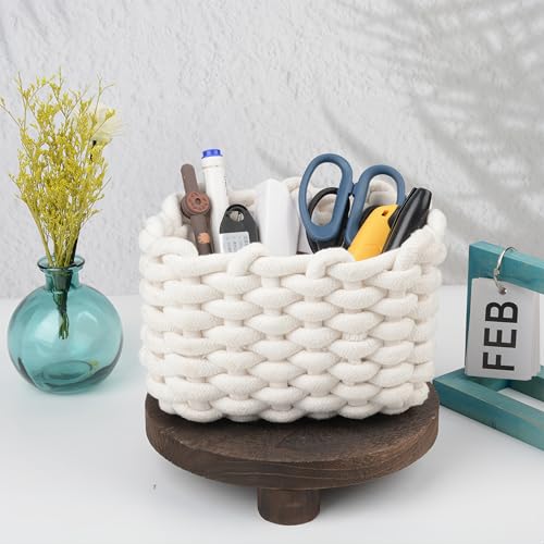 Aufbewahrungskorb aus Baumwolle, Weißes Geflochtenes Körbchen mit DickgarnGeflecht, Badezimmer-Organizer für Schreibtisch & Schminktisch Wickeltisch, Kosmetik, Desktop – Kleine Aufbewahrungsbox