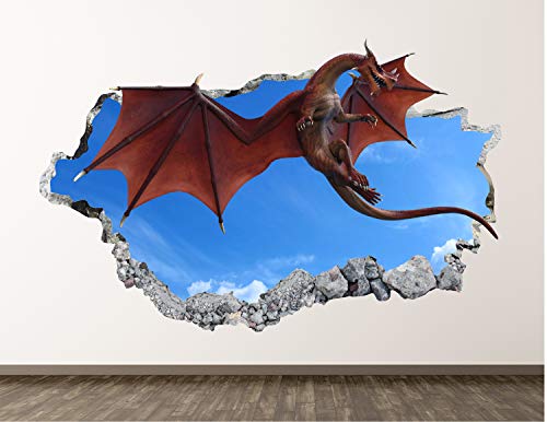 West Mountain Red Dragon Decal Art Decor 3D Smashed Kids Removable Sticker Mural Nursery Boys Gift BL32 (22″ W x 14″ H)