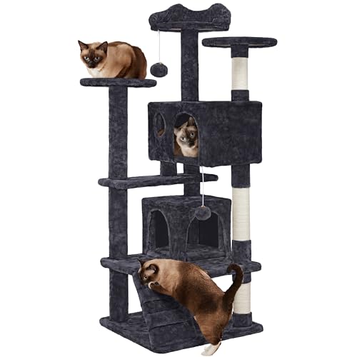 Yaheetech Rascador para Gatos Grandes Torre para Gatos Casitas de Sisal Centro de Actividad para Gatos Medianos Altura 138.5 cm Negro