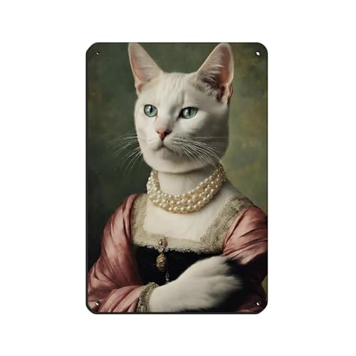 WOPIYNAG Cartel de metal con collar de perlas con diseño de gato real con perlas, arte elegante, retro, pintura de hierro, bar, cueva de personas, cafetería, garaje, póster para decoración de pared