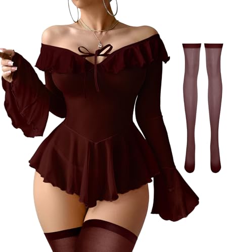 Image of Foxiny Sheer Ruffle Long Sleeve Babydoll Lingerie Dress | Off-shoulder neckline, flared cuffs and a flounce hem add movement; thong and thigh-high stockings complete the 3-piece set