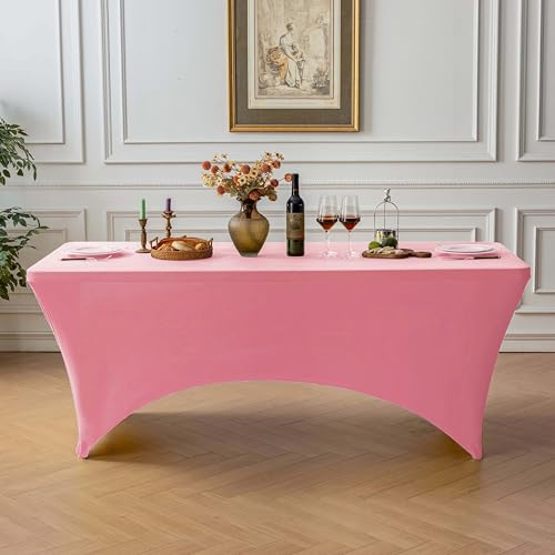 Image of FOLINS&HOME 2 Pack Pink 6ft Fitted Spandex Water Resistant Tablecloth | Washable Elastic Rectangle Table Cover for 6 Foot Folding Tables, Stretch Table Cloth for Weddings, Banquets, Parties (2 Pcs)