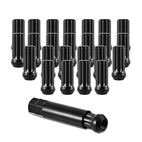 51 Black M14x1.5 Spline Lug Nuts, 24PK 14X1.5 Lug Nuts 2'' Tall Close End 7 Spline Cone Seat with One Socket for Silverado Suburban Avalanche Sierra Yukon Aftermarket Wheels