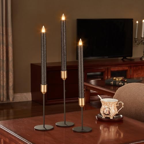 Image of Flameless Taper Candles Flickering with Remote and Timer, 3D Moving Flame Taper Candle Battery Operated to 400 Hours, 9 Inch Window Candles, (Glitter Black)