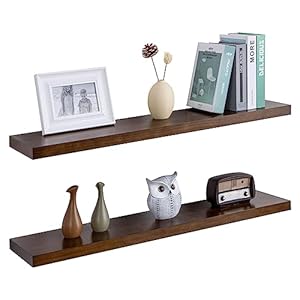 Floating Shelves 36 Inches Long – 8 Inch Deep Rustic Solid Pine Wood for Storage – Farmhouse Wall Mounted for Living Room – Heavy-Duty Metal Bracket – 36″ W x 8″ D – Set of 2 – American Walnut Color