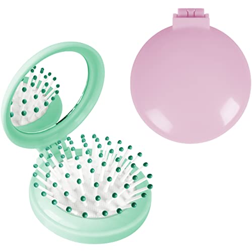 Cepillo de pelo plegable con espejo para monedero/bolsillo, mini peine de masaje compacto redondo para niñas y mujeres (rosa+verde)