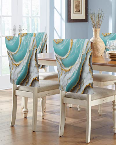 Teal Grey Marble Chair Covers Set Of 4 For Dining Room, Modern Abstract Ink Painted Yellow Chair Back Cover Removable Kitchen Chair Slipcovers Seat Protector For Party Banquet Christmas Decorations #TOP13