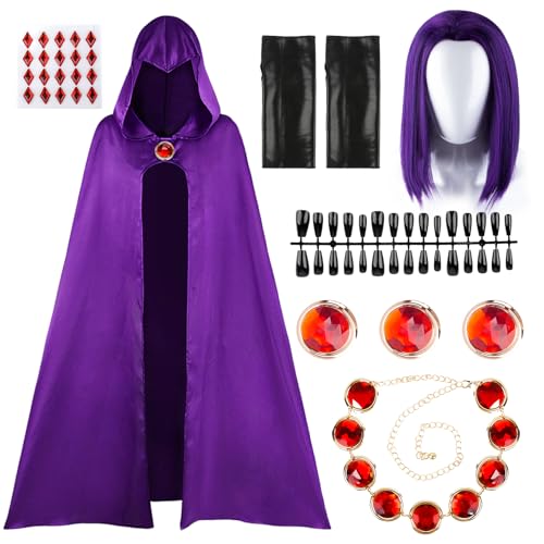 Kitimi Teen Costume Adult Raven Cape and Cloak Raven Wig Short Purple Costume Accessories Red Gem Belt Halloween Cosplay