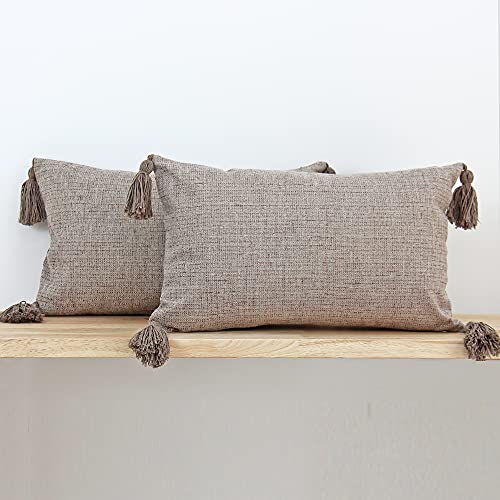 JOJUSIS Farmhouse Boho Throw Pillow Covers with Tassels Pack of 2 12 x 20 Inch Khaki