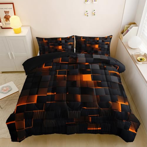 Image of Nttopship Neon Yellow Black Comforter Set King Geometric Kids Bedding Set,3 PCS Geometry Honeycomb Bed Set Modern Quilt Set 1 Comforter 2 Pillow Cases Cool Room Decor All Season B-Side Black