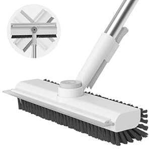 Floor Scrub Brush with Long Handle, 3 in 1 Scrape and Heavy-Duty Stiff Bristle Scrubber Brush for Cleaning Shower Bathroom, Patio, Pool, Garage, Kitchen, Wall and Deck (White, 1 Pack)