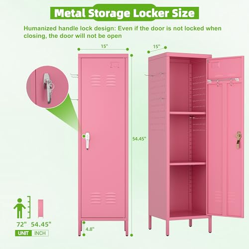 Image of Aobabo 54 inch H Pink Metal Lockers, Storage Locker Cabinet with Lockable 1 Door and Towel Rack and 2 Side Pegboards with Hooks for Home School Office, Assembly Required