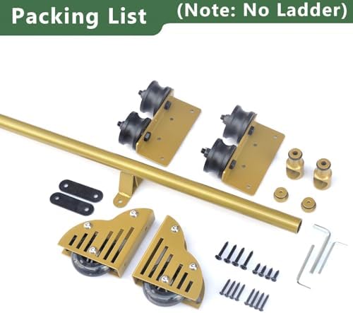Gold Sliding Library Ladder Hardware Kit - Heavy Duty Carbon Steel Rolling Track with Floor Roller Wheels, 26.2 ft, Ideal for Attics & Libraries, No Ladder Included