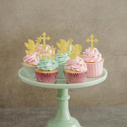 Rsstarxi 24 Pack Spanish Mi Bautizo Cupcake Toppers Golden Glitter Cross Angel Dove Baptism Cupcake Picks for Religious God Bless Baby Shower Birthday Baptism Party Cake Decorations