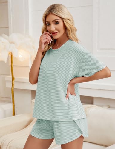 Image of JUSTFASHIONNOW Womens Pajama Sets Shorts Striped Print Two Piece Lounge Sets Crew Neck Sleepwear Split Shorts Set Soft Pjs