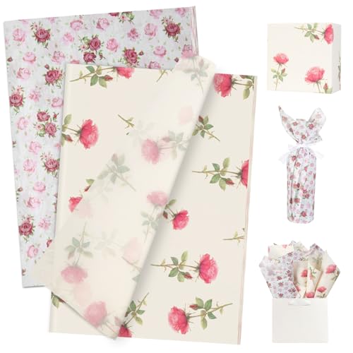 UNIQOOO 100 Sheets Rose Flower Tissue Paper Cream Rose Gift Wrapping Paper for Wedding DIY Craft Tissue for Birthday Bridal Shower 20 x 14 Inch