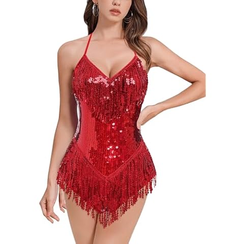 IMEKIS Women Sequins Fringe Bodysuit Halter V Neck Music Festival Leotard Shiny Latin Jazz Tango Ballroom Dance Costume Rave Outfit Red XL Cover