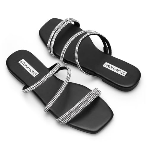 Image of STUNAHOME Women's Rhinestone Thong Flat Sandals Open Toe Slide Sandals with Square Toe Bling Strap