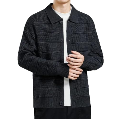 Men's Solid Color Casual Lapel Single-Breasted Hollow Striped Knitted Cardigan