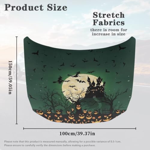 Image of Green Spooky Witch Castle Print Car Hood Cover Protector 59x39 Inch Stretchable Auto Hood Wraps Waterproof Halloween Automotive Exterior Accessories for Most SUV Sedans Trucks