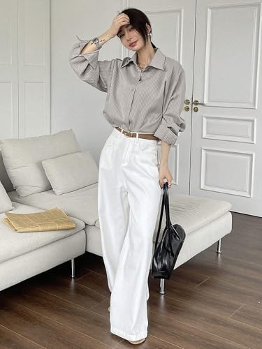Image of GRECIILOOKS Striped Shirt for Women | Korean Style Full Sleeve Oversized Button Down Shirts | Tops for Women | Shirt for Woman | Plus Size Top for Office & Casual Outfit
