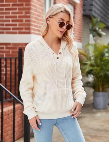 Image of VIMPUNEC Womens Fall Hoodie Sweater Long Sleeve Hooded Top with Pocket | V Neck, Button, Adjustable Drawstring, Waffle Knit, Loose Fit, Ribbed, Kangaroo Pocket