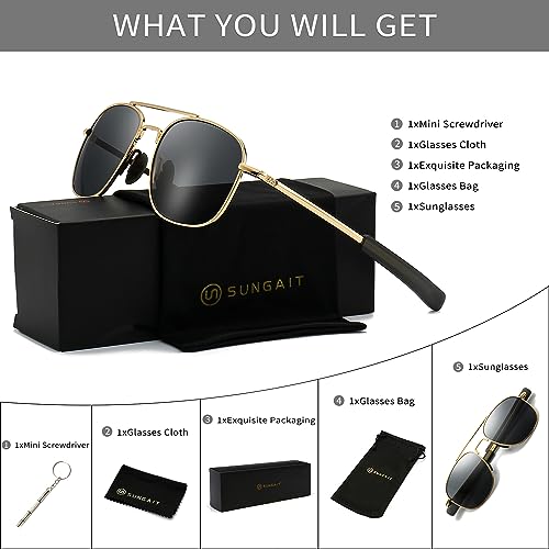 Image of SUNGAIT Men's Military Style Polarized Pilot Aviator Sunglasses - Bayonet Temples