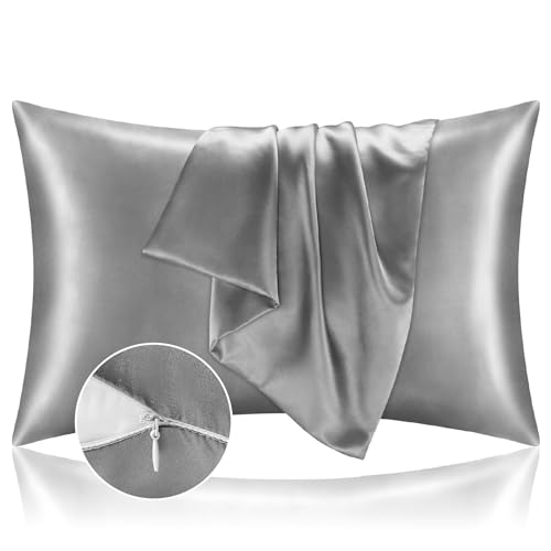 BEDELITE Satin Pillowcase with Zipper, Grey King Size Pillow Cases Set of 2, Super Soft and Cooling Similar to Silk Pillow Cases, Gift for Women Men(20x36 Inches)