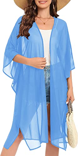 Image of Indian Trendy Women's Solid Puff Sleeve Kimono Long Cardigan Loose Cover Up Casual Blouse Top Chiffon