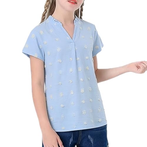 Image of Girls Shirts Short Sleeve Chiffon Shirts Swiss Dot Blouses Top Teen Girls V-Neck Tunics Tee Size 9-14 Years