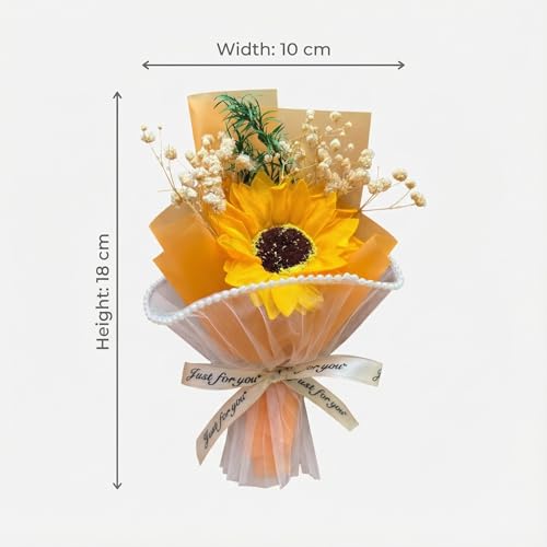 Image of Mini Artificial Sunflower Bouquet with Ribbon | Small Handheld Flower Gift | Cute Desk Decor | Romantic Pocket Size Floral Arrangement for Gift (Yellow)