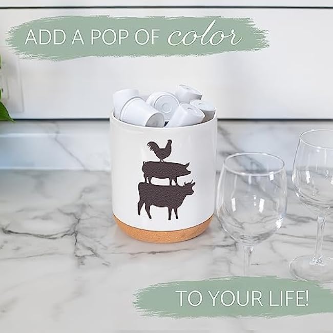 Elanze Designs Cow Pig Chicken White X-Large Cork Bottom, Kitchen Counter, Ceramic Stoneware, Coffee, Tea and Hot Chocolate, Machine Brewing, K Capsule Pod Cup, Organizer, Jar, Crock, Holder