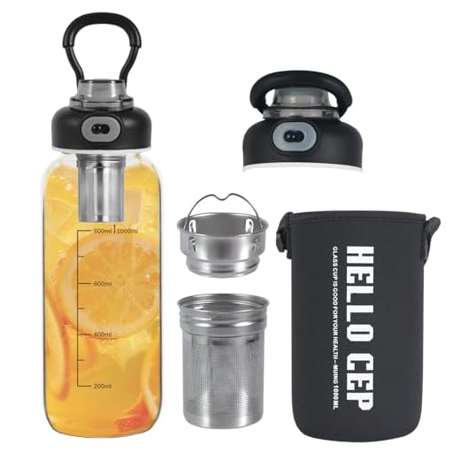 wangsdjy 34oz Glass Water Bottle with capacity Mark & Stainless Steel Tea Strainer-Large Capacity for Hot/Cold Drinks,Coffee,Tea,and Water-Includes Protective Sleeve,Perfect for Home,Office (34oz)