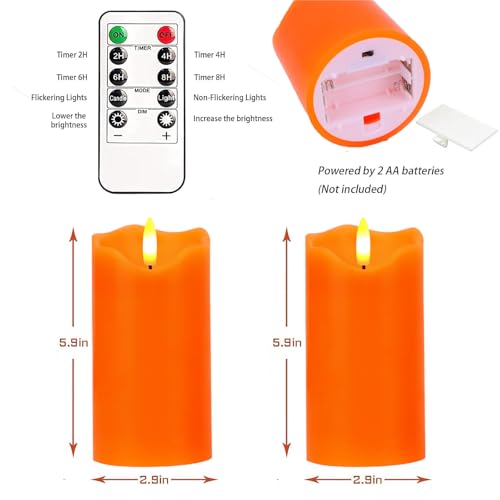 Image of Orange Flameless Candles Set of 2, 6 inchx3 inch Fall Candles with Remote & Timer