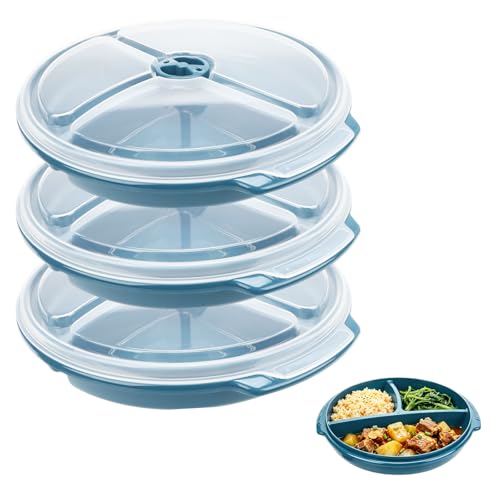 3 Set Mikrowellen Teller 25 x 23 x 4 cm Mikrowellengeschirr mit 3 Fach Aufteilung Deckel Mikrowellenteller Vorrats BPA-frei Wiederverwendbar Mikrowellenfeste Frischhaltedose zum Erhitzen Einfrieren