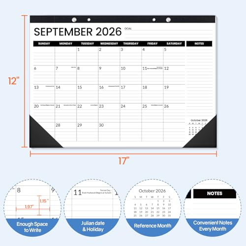 Image of SUNEE Desk Calendar 2026-2027, 17 inch x 12 inch, 18-Month Monthly Desk Calendar from Jul. 2026 - Dec. 2027, Academic Desk Calendar with Notes Section for Teacher, School, Black With Note