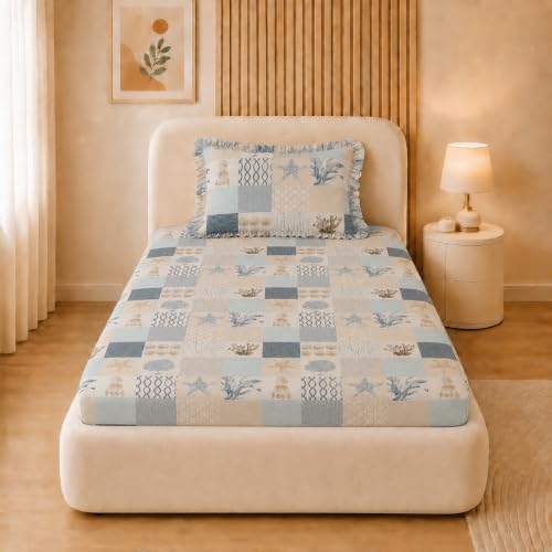Image of VOMZER Single (36x72) 300 TC Soft Cotton Feel Microfiber All Around Elastic Fitted Single Bedsheet with 1 Frill Pillow Covers | Ocean Patch