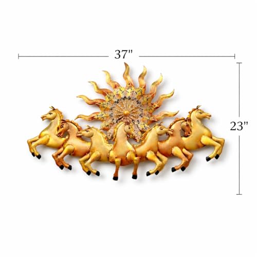 Image of Anshika International 7 Running Horses Metal Wall Decor with Sun LED Light - Vastu Feng Shui Lucky Horses Wall Hanging for Living Room, Hall & Office - Gold Copper Finish Metal Wall Art (37 x 23 Inch)