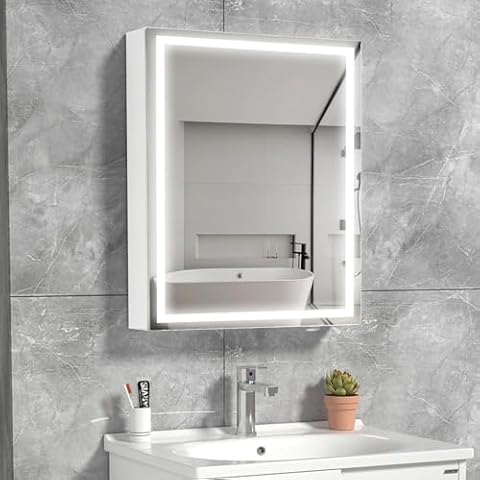 HAUSCHEN HOME 24 x16 Inch LED Medicine Cabinet Lighted Bathroom Mirror, Defogger, Stepless Dimmable, 3000K/5500K Color Temperature Wall Mounted Makeup Mirror, Adjustable Shelf (Assembly Required) Cover