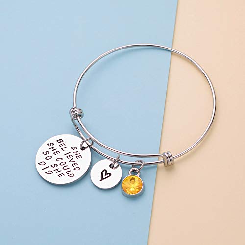 Image of LIUANAN Stainless Steel Inspirational Encouragement Bracelet She Believed She Could So She Did Expandable Bangle Birthstone Charm Cuff Bracelet