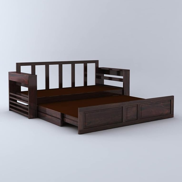 Image of Solid Sheesham Wood Sofa Cum Bed 2 Seater | Wooden Foldable Double Bed for Living Room with Headboard & Storage | Bed Cum Sofa with Mattress for Home | Dalla Design (Walnut Finish)