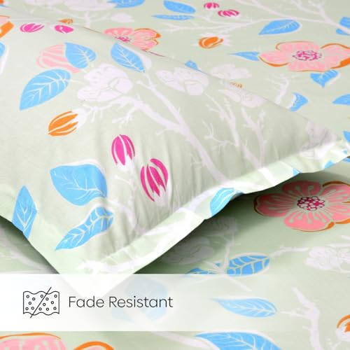 Image of Haus & Kinder Bloomfield Dawn Green Cotton Fitted King Bedsheet, Soft Breathable Cotton Bed Sheet with Elastic Corners for Double Bed, Elegant Floral Design