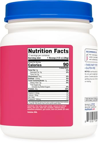 Image of Nutricost Clear Whey Protein Isolate Powder (Strawberry Banana) 1 LB - 20g Protein Per Serving, Zero Added Sugar, Easy-Mix WPI Drink, Gluten-Free, GMO-Free, 17 Servings